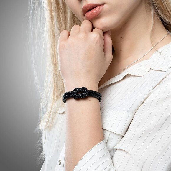 Leather Bracelet Women Knot Black 16cm Stainless Steel Clasp Gift Box - Picture 5 of 9